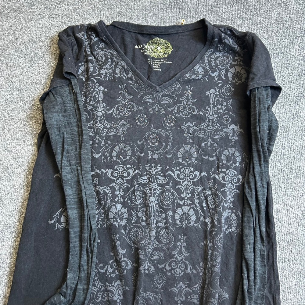 Eco Yoga Shirt Womens XL Black Organic Cotton Bamboo Long Sleeve Graphic V-Neck